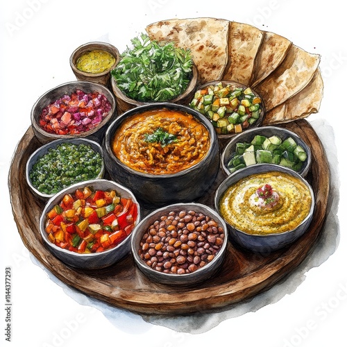 Authentic Ethiopian Injera Platter Watercolor Artwork with Colorful Lentil Stews and Spicy Meat Dishes in Photorealistic Style