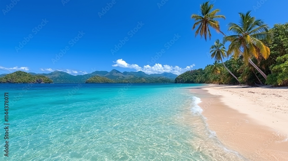 Naklejka premium Idyllic Tropical Beach Paradise Scene with Palm Trees