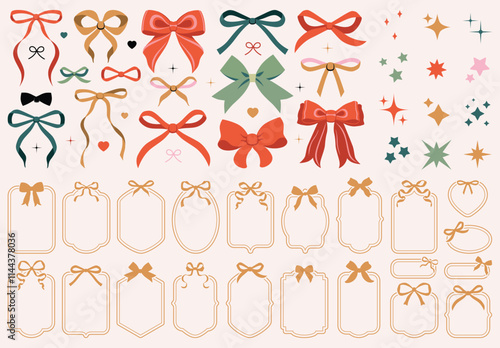 Vector illustration of christmas vintage bow set. Bows for hair decor. Trendy girls accessories. Cute hairstyle elements collection. Coquette, ribbons. Wedding invitation, party. New year decoration