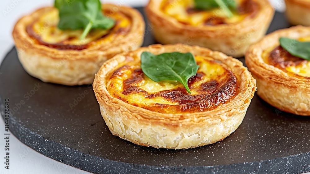Delicious Mini Quiches with Spinach Garnish on Dark Plate Delicious Mini Quiches with Spinach Garnish on Dark Plate