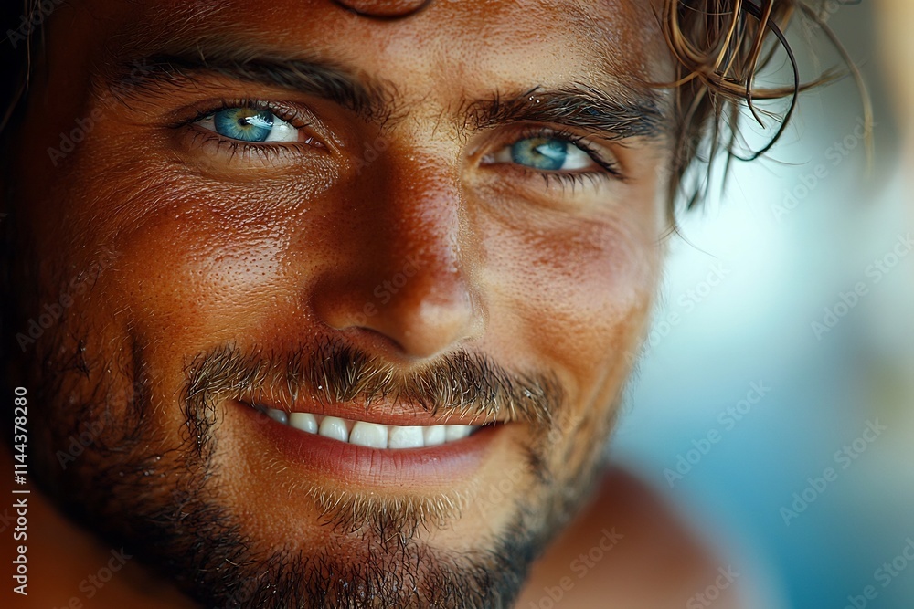 Fototapeta premium Closeup of Smiling Handsome Man with Piercing Eyes in Natural Light Portrait
