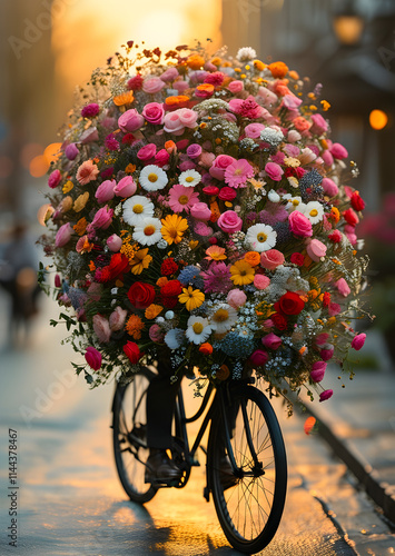 A man riding a small bicycle overloaded with
an enormous, colorful assortment of flowers
