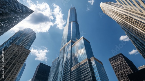 Urban skyline showcasing a towering skyscraper framed by glass buildings unde...