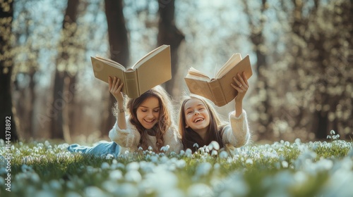 Girls enjoying a sunny day in a park as they read books and share laughter am...