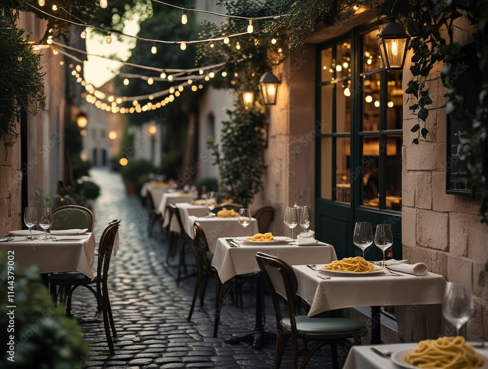 A charming outdoor food cafe on a cobblestone street, featuring small tables with elegant tableware and plates of fresh pasta, bread, and wine glasses, generative ai A charming outdoor food cafe on a cobblestone street, featuring small tables with elegant tableware and plates of fresh pasta, bread, and wine glasses, generative ai