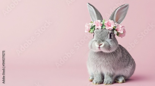 Cute gray bunny wearing a flower crown poses against a pink background in a c...