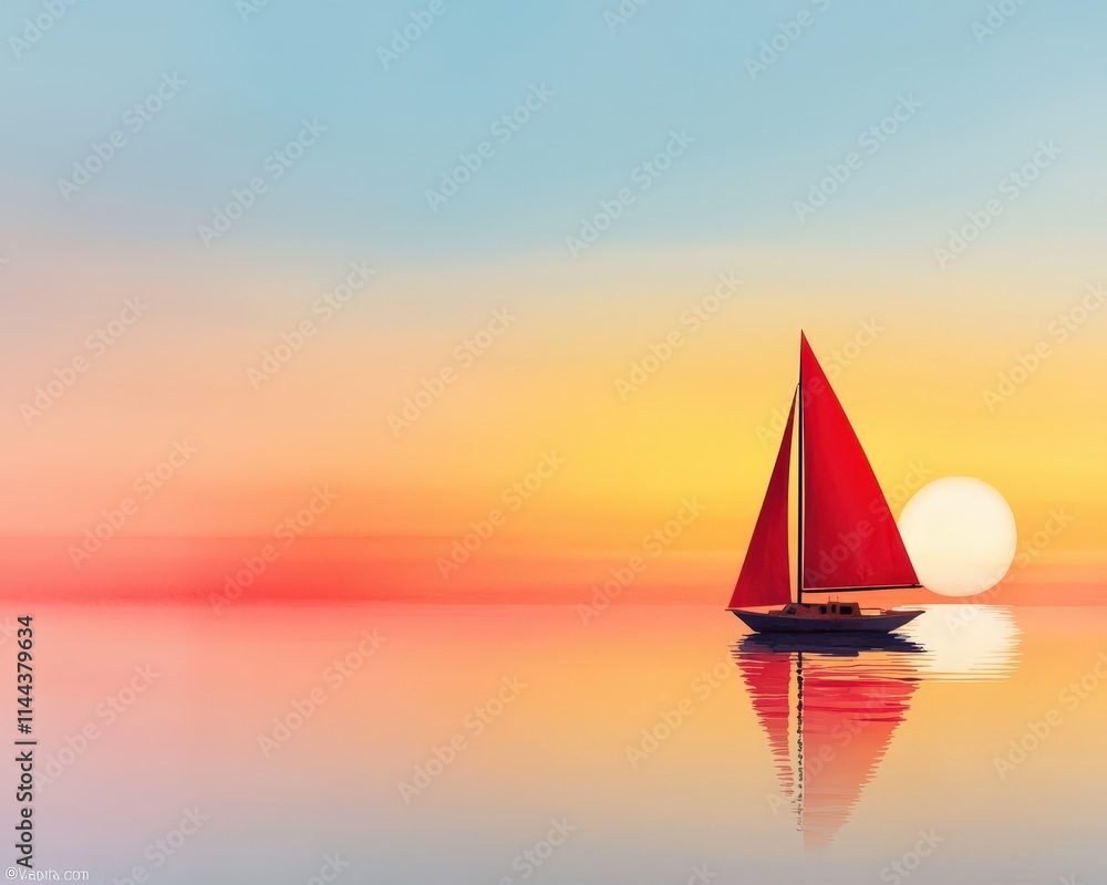 Fototapeta premium A sunset view of a sailboat gliding across a tranquil ocean