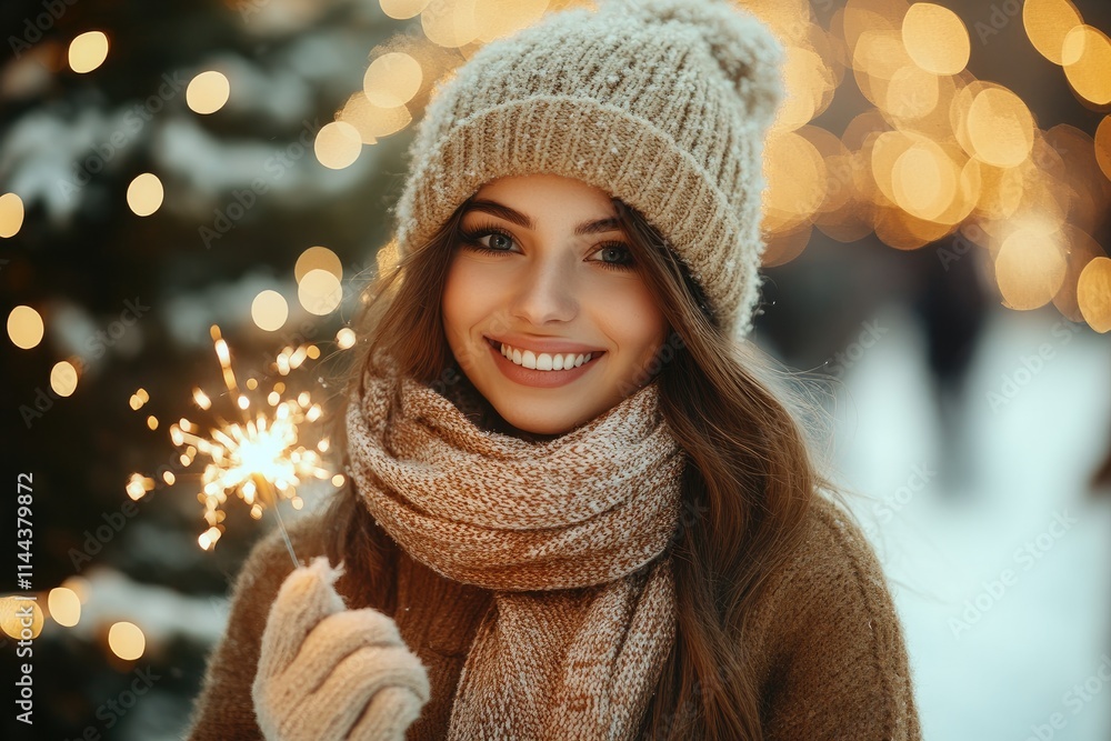 Portrait of a beautiful young woman in winter with a scarf and hat, holding a sparkler and celebrating a Christmas or New Year festival at an outdoor party on a blurred background Portrait of a beautiful young woman in winter with a scarf and hat, holding a sparkler and celebrating a Christmas or New Year festival at an outdoor party on a blurred background