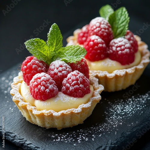 Fresh raspberry tarts with cream on a dark slate surface decorated with powde...
