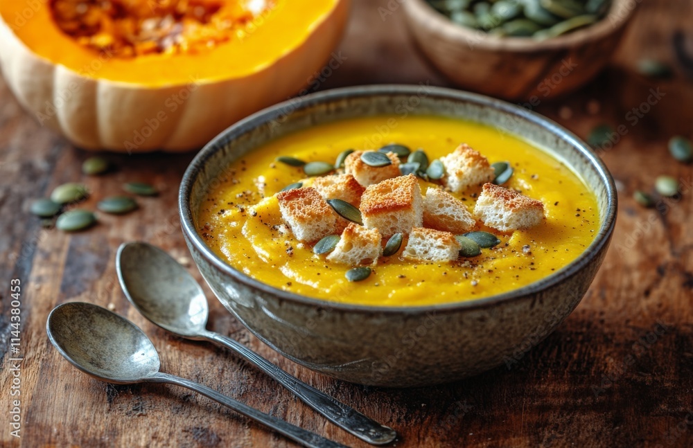 Warm and creamy pumpkin soup served with croutons and pumpkin seeds in a bowl on a rustic wooden table Warm and creamy pumpkin soup served with croutons and pumpkin seeds in a bowl on a rustic wooden table