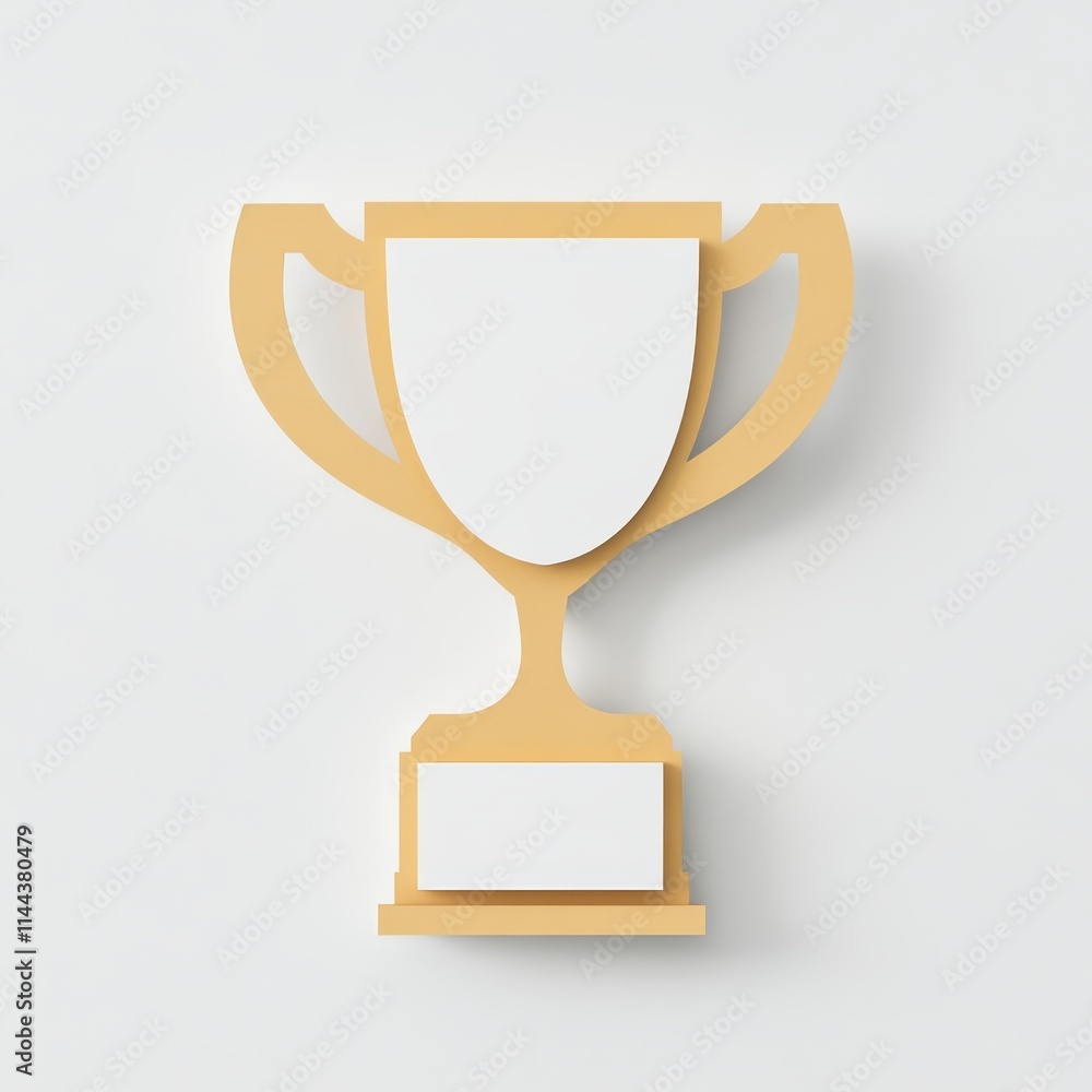 Shining Paper Cut Trophy Icon for Business Success on Clean White Background, Photorealistic Achievement Symbol with Gold and White Textures