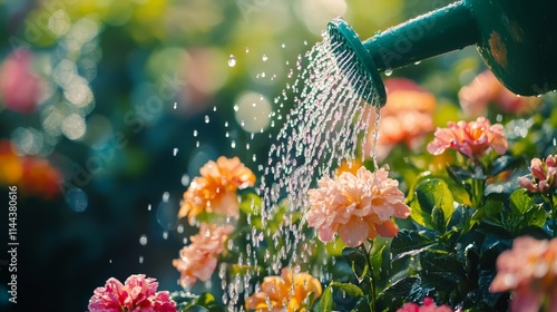 Gardening activity with a watering can, nurturing vibrant flowers in a colorf...