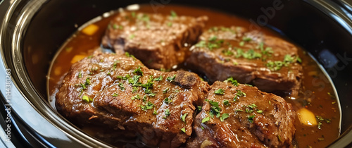 Tender Juicy Slow-Cooked Beef Steaks in Gravy Highlighted with Fresh Herbs photo