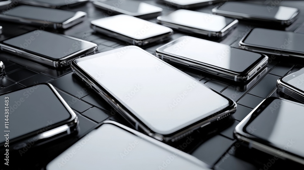 3D rendering of a pile of mobile phones with blank screens on a table. The background features many digital devices, conveying a futuristic and modern concept of technology for online shopping. 3D rendering of a pile of mobile phones with blank screens on a table. The background features many digital devices, conveying a futuristic and modern concept of technology for online shopping.