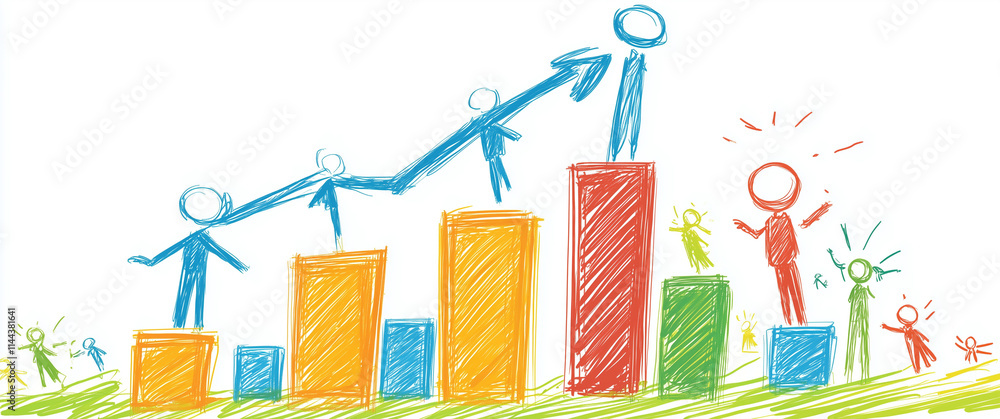 Fototapeta premium Collaborative Growth Concept With Stick Figures Climbing Bar Graphs