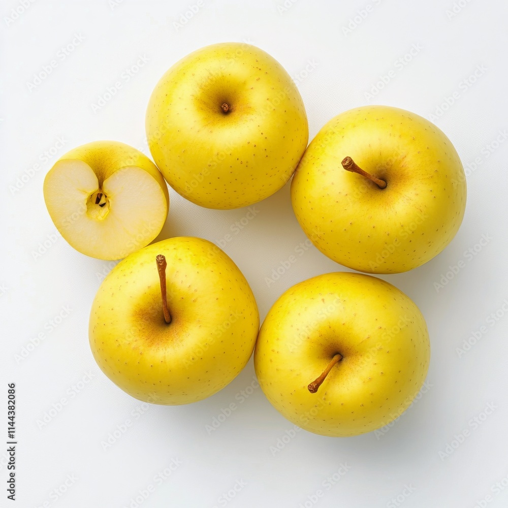 Golden apples arranged in a neat layout on a white surface showcasing their smooth texture and vibrant color Golden apples arranged in a neat layout on a white surface showcasing their smooth texture and vibrant color
