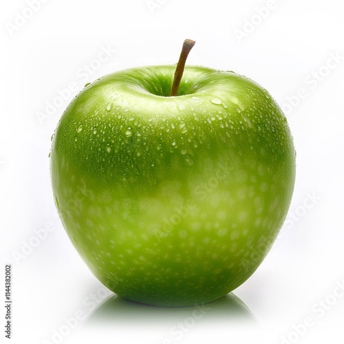 Generated ImageA close-up of a fresh, perfectly round green apple with slight highlights on its smooth skin photo