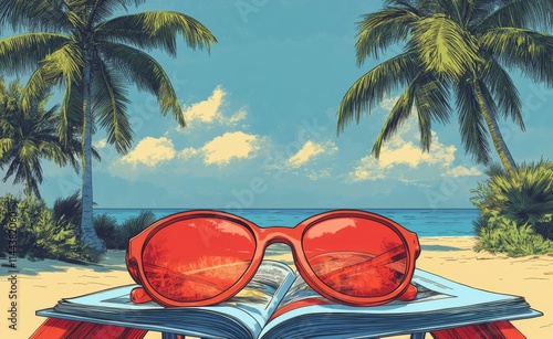 Relaxing moments in a tropical paradise with sunglasses and an open book on a...