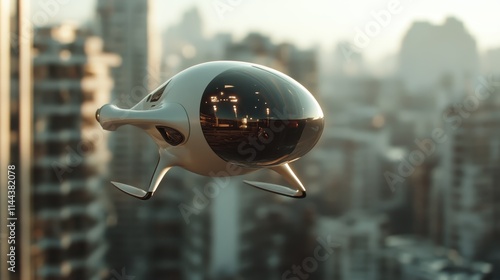 A futuristic, flying pod-shaped vehicle soars through the skyline of a bustling city, showcasing a blend of avant-garde design and cutting-edge technology. photo