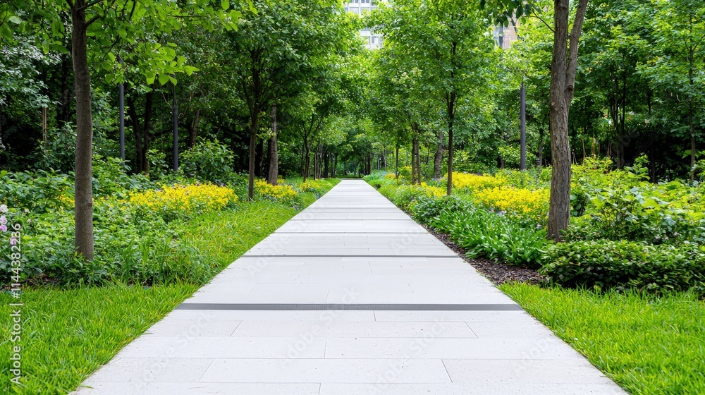 Serene paved pathway through lush green park with yellow flowers. Serene paved pathway through lush green park with yellow flowers.