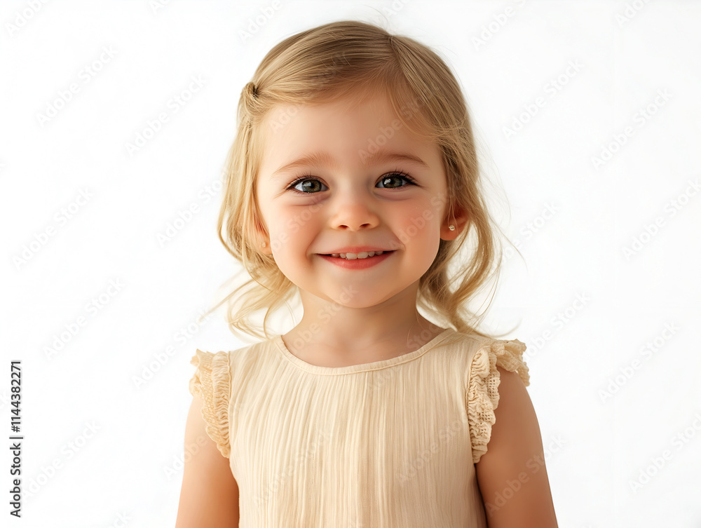 Adorable little girl in a beige dress smiling warmly in a bright indoor setting, ideal for family branding, lifestyle visuals, and childhood-themed concepts Adorable little girl in a beige dress smiling warmly in a bright indoor setting, ideal for family branding, lifestyle visuals, and childhood-themed concepts