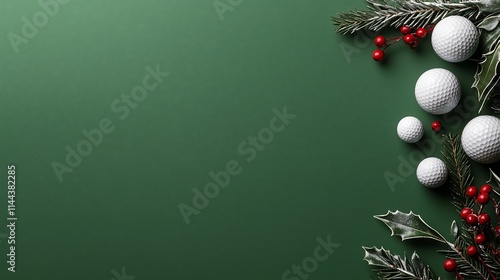 Golf balls, holly, and berries on green background.
