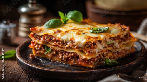 Delicious layers of homemade lasagna with rich meat sauce and melted cheese s...
