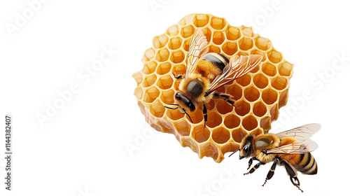 Two bees are perched on a honeycomb, showcasing their intricate wings and body patterns.