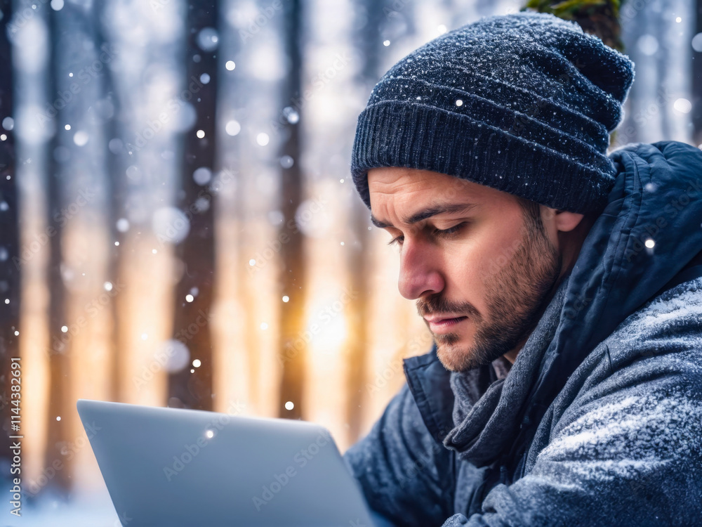 Man working on laptop in snowy winter forest. Man working on laptop in snowy winter forest.