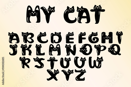 Playful Cat-Themed Alphabet Vector Font with Whimsical Feline Design on Gradient Background