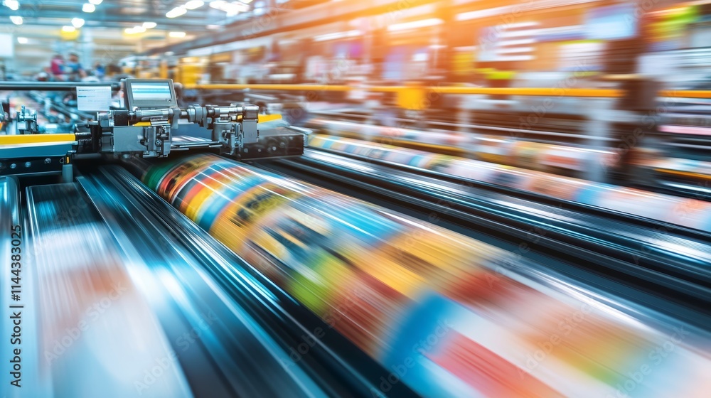 Close-up of Printed Paper Roll Moving Through Press Machine, Creating Colorful Motion Blur Background, Industrial Process Concept, Printing Technology, Manufacturing Industry. Close-up of Printed Paper Roll Moving Through Press Machine, Creating Colorful Motion Blur Background, Industrial Process Concept, Printing Technology, Manufacturing Industry.