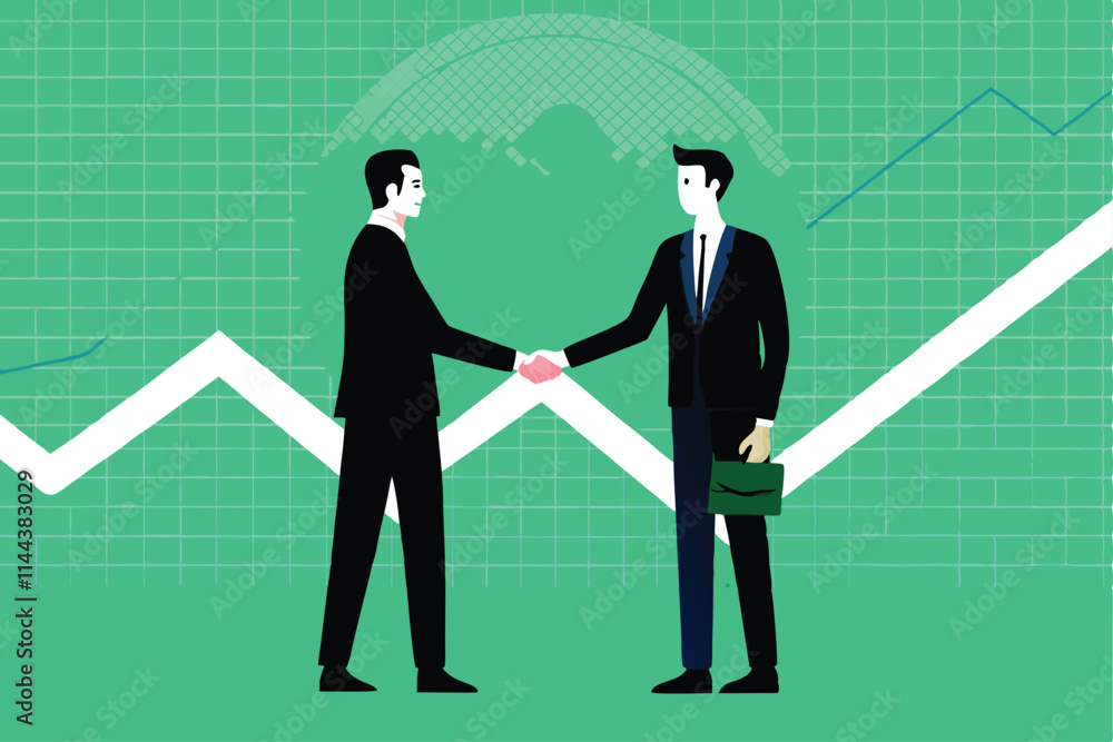 Create a vector illustration of two businessmen shaking hands, depicting a successful business deal. Include crisp lines and professional attire. Create a vector illustration of two businessmen shaking hands, depicting a successful business deal. Include crisp lines and professional attire.