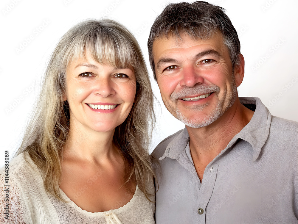 Smiling mature couple in casual light-colored attire with cheerful expressions. Close-up portrait on white background, ideal for lifestyle branding, relationship visuals, and positive storytelling Smiling mature couple in casual light-colored attire with cheerful expressions. Close-up portrait on white background, ideal for lifestyle branding, relationship visuals, and positive storytelling