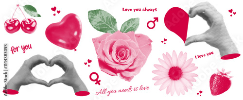 Halftone collage with elements in the form of hearts, roses, cherries, daisies, hands. Vector illustration of a vintage collage. Concept of relationship, love, romance, Valentines day.
