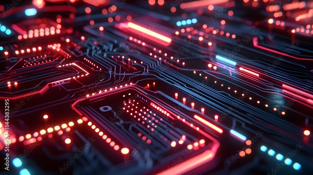 Fototapeta premium Close-up of a blue circuit board with spots, showcasing intricate circuitry and components essential for modern electronics