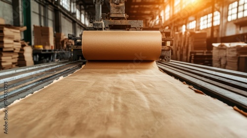 The image captures a paper mill with industrial machinery unfurling a roll of paper, highlighting the production process in a warmly lit manufacturing setting.