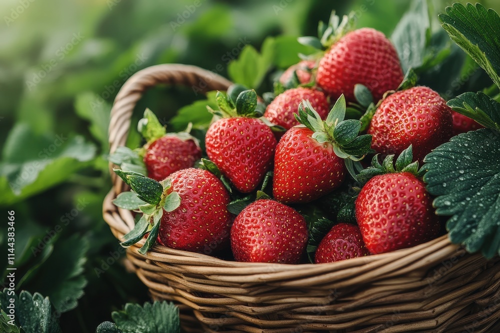 Close-up of a woven basket filled with red ripe strawberries surrounded by green leaves, showing freshness and natural detail Close-up of a woven basket filled with red ripe strawberries surrounded by green leaves, showing freshness and natural detail