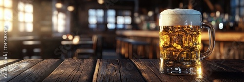 Golden beer in a glass resting on rustic wooden bar in a lively pub environme...