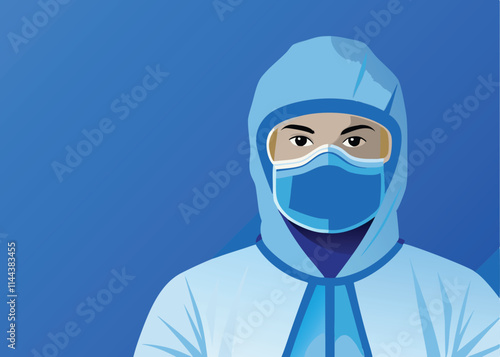 Create a vector illustration of a healthcare professional, likely a doctor or nurse, wearing a surgical mask, showcasing professionalism and care.  The focus should be on the face and upper body.