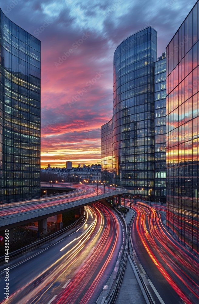 Fototapeta premium In the La Defense business district of Paris, contemporary structures with glass fronts rise high on a sunny day, with rays of sunlight illuminating the blue sky, representing the concepts of