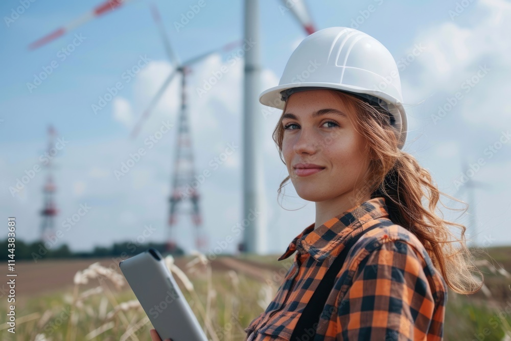 Female engineer with digital tablet by wind turbine smiling. Female engineer with digital tablet by wind turbine smiling.