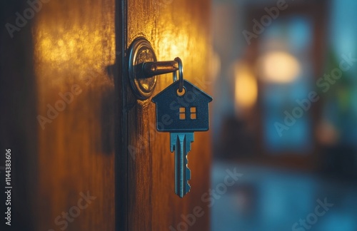Key hanging in a door lock with a house emblem symbolizing new beginnings and...