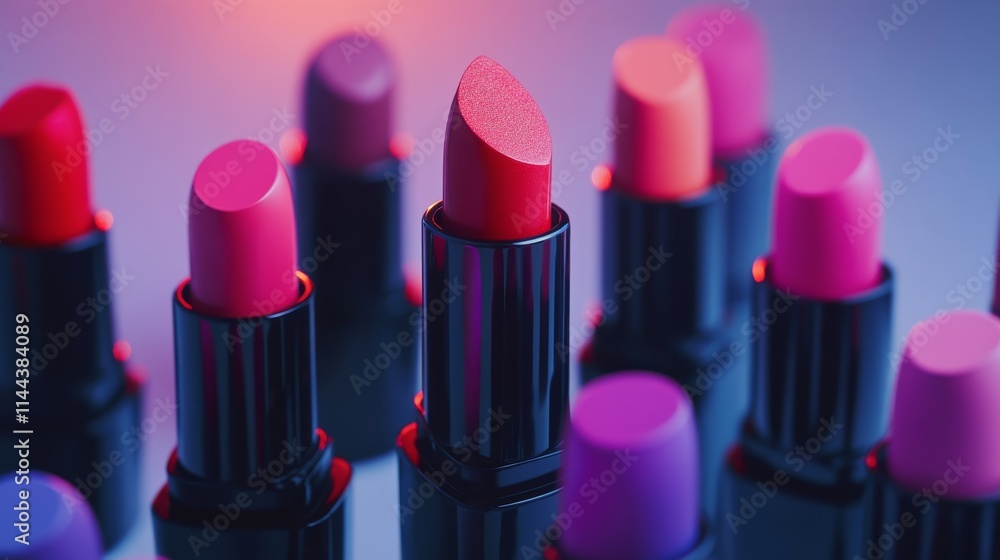 Vibrant collection of lipsticks displayed in a colorful arrangement showcasing shades of pink, red, and coral in Vibrant collection of lipsticks displayed in a colorful arrangement showcasing shades of pink, red, and coral in