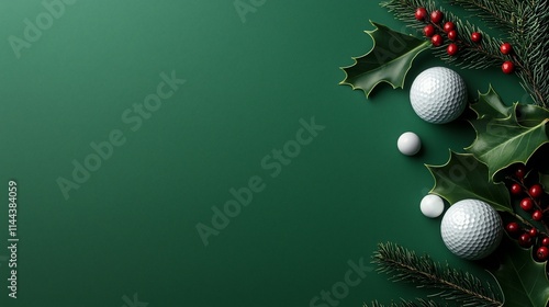 Christmas golf balls, holly, and pine on green background.