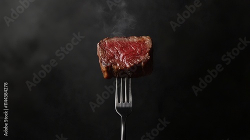 Deliciously grilled steak on a silver fork with a smoky background enhancing ...