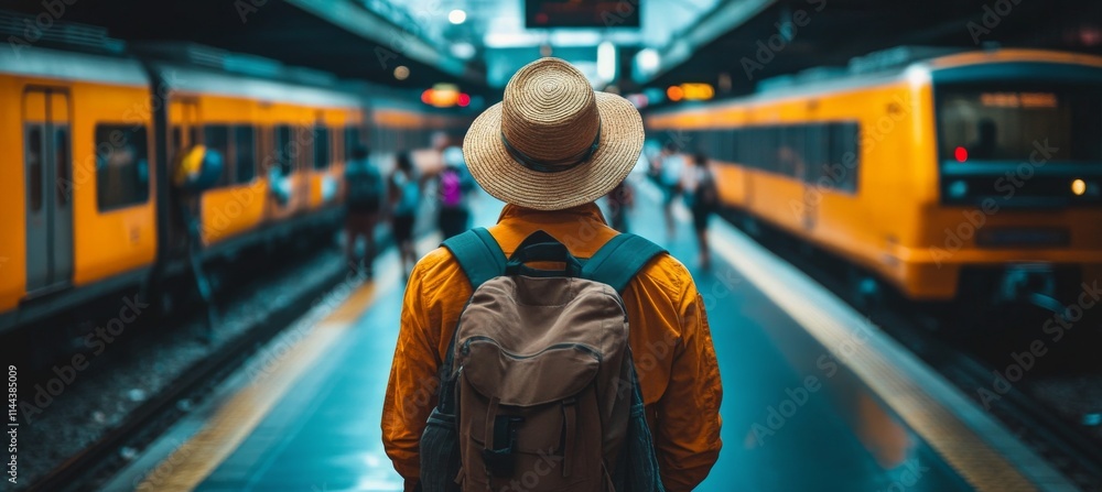 Fototapeta premium Traveler with yellow backpack waits on platform for train at busy urban station during late afternoon rush hour