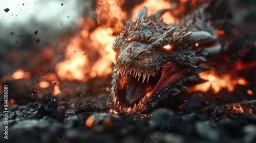 An awe-inspiring depiction of a dreadfully fierce dragon engulfed in fire, with glowing eyes that highlight its intimidating presence and power within the flames. photo