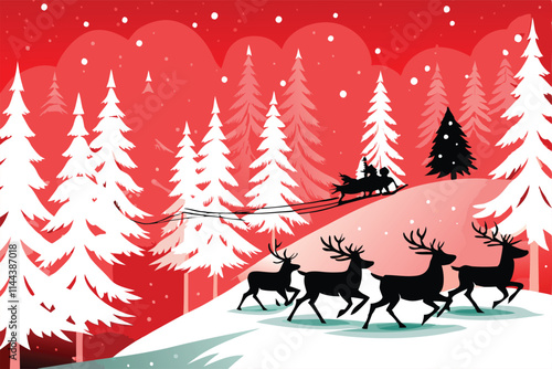 A picturesque winter wonderland scene featuring a sleigh pulled by a team of reindeer traversing a snowy landscape under a clear starry sky.