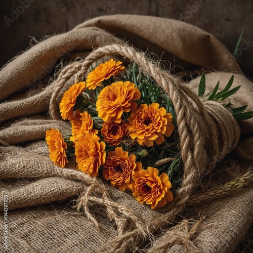 A rustic bouquet of marigolds and wheat wrapped in twine on a burlap background.
