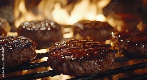 Grilling delicious beef patties over open flames during a summer barbecue gat...